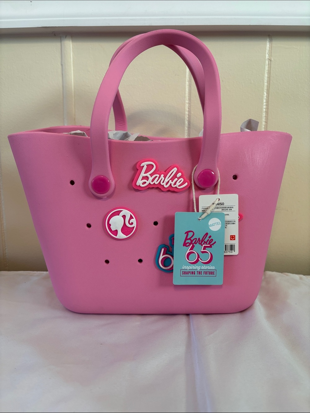 NWT Barbie x MINISO 65th Anniversary Pink Perforated EVA Tote Bag Rare